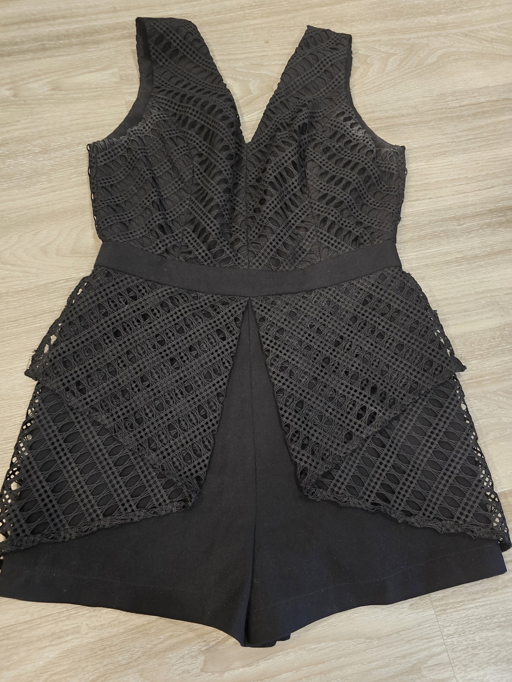 Adelyn Rae Black Lace V-Neck Romper with Peplum Panels